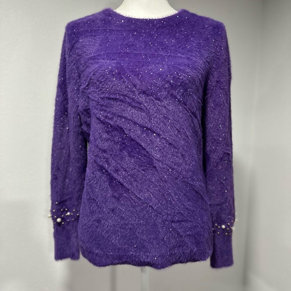 Talbots Woman’s Beaded cuff Sweater Size LP Petite purple Long Sleeve Pullover